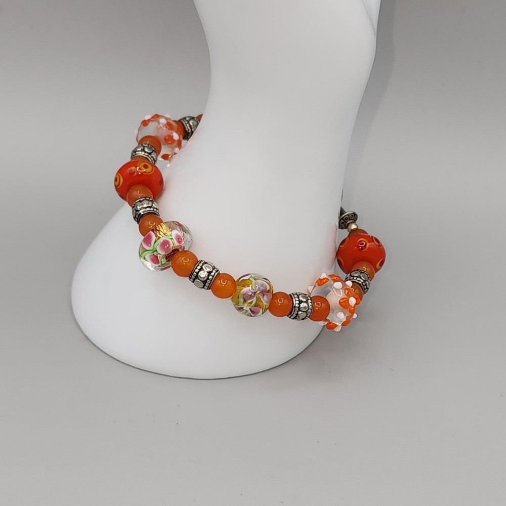Bohemian Bracelet Sunburst Millefiori Glass Bead, Orange Silvertone Accents  8"